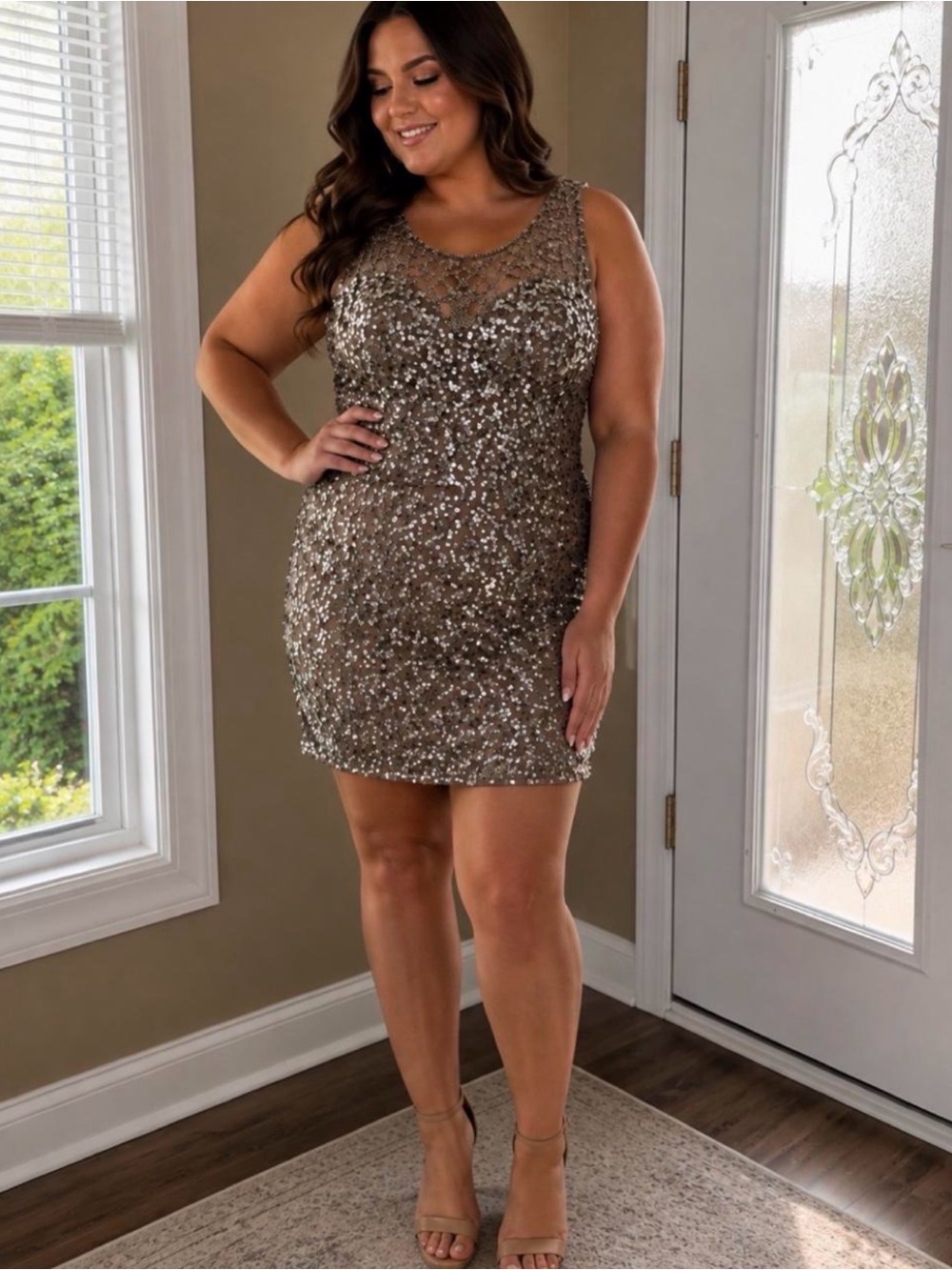 Sparkling Taupe Sequin Mini Dress - Sleeveless Curve Fit